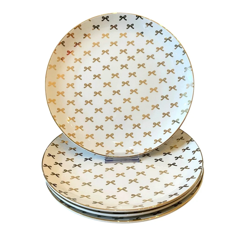 NEW 10 Strawberry Street Gold Bow 10.5” Dinner Plates Set Of 4